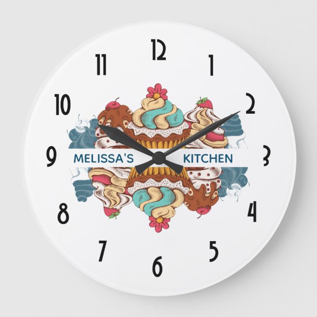 Retro Style Cupcakes Sweet Dessert Kitchen Large Clock (Front)