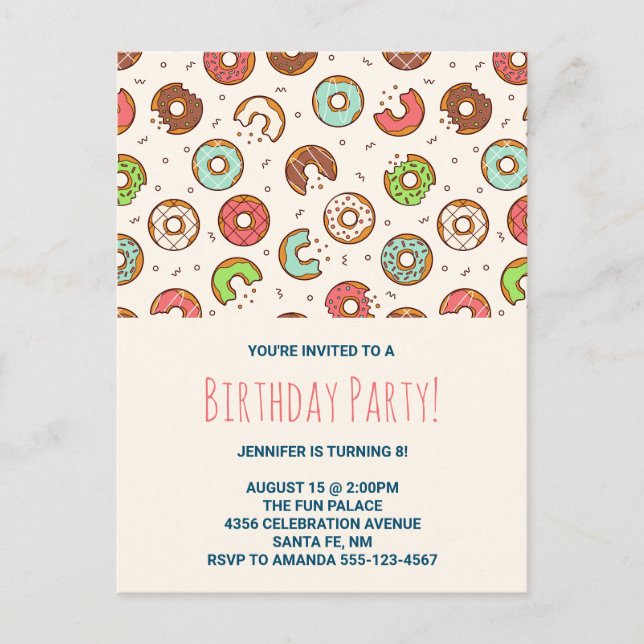 Retro Style Cute Colourful Doughnut Pattern Invitation Postcard (Front)