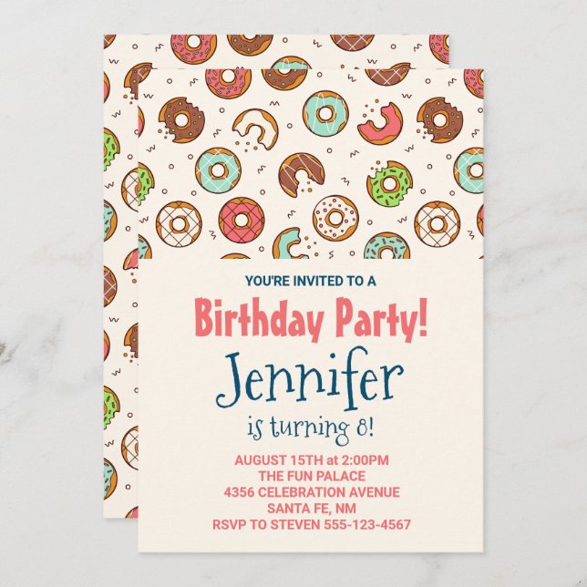 Retro Style Cute Doughnut Pattern Birthday Party Invitation (Front/Back)