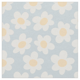 Retro style daisies in bloom on blue background fabric
