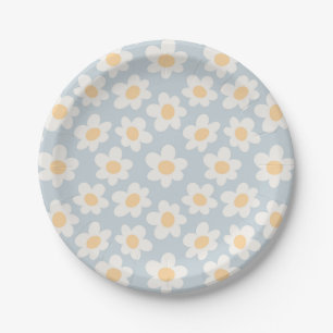 Retro style daisies in bloom on blue background paper plate