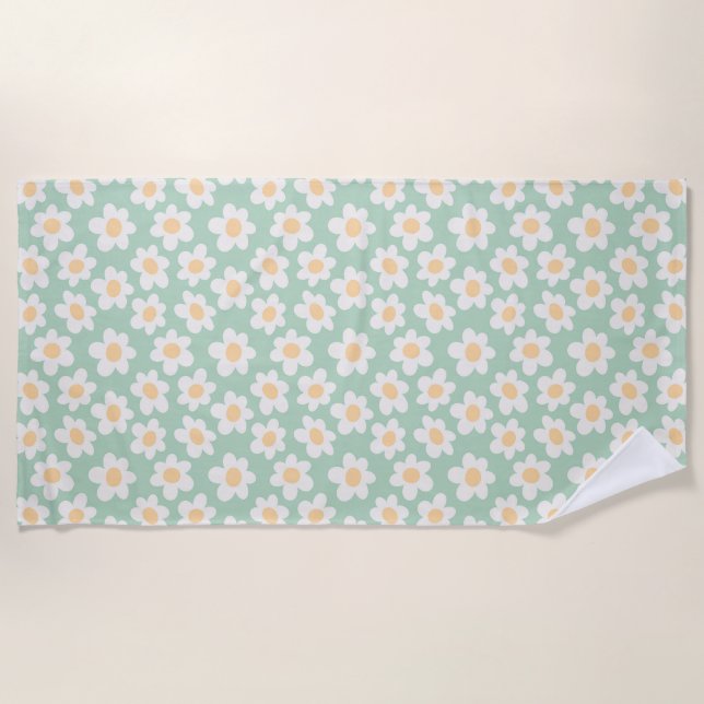 Retro style daisies in bloom on green background beach towel (Front)