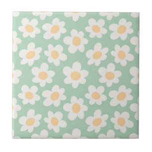 Retro style daisies in bloom on green background ceramic tile