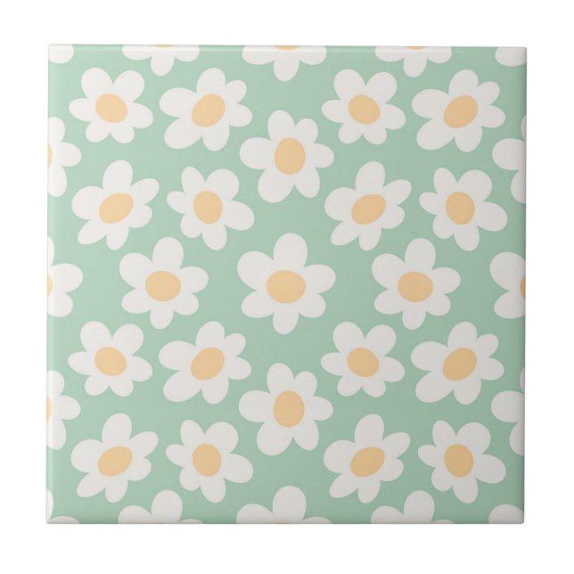 Retro style daisies in bloom on green background ceramic tile (Front)