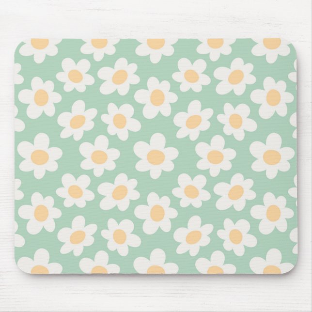 Retro style daisies in bloom on green background mouse pad (Front)