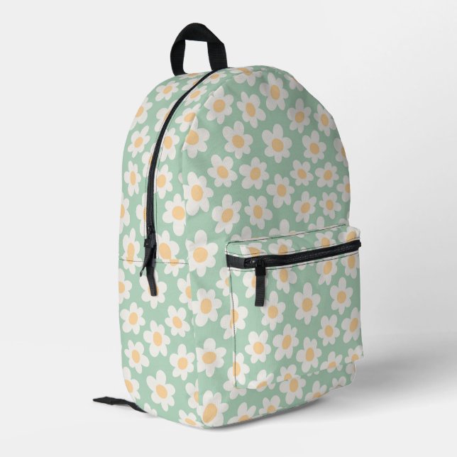 Retro style daisies in bloom on green background printed backpack (Back Corner Left)