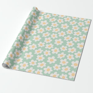 Retro style daisies in bloom on green background wrapping paper