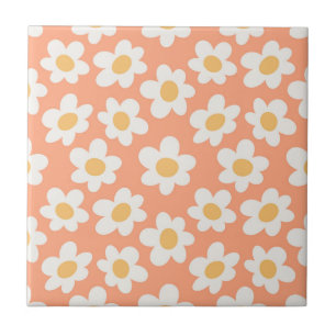 Retro style daisies in bloom on orange background ceramic tile