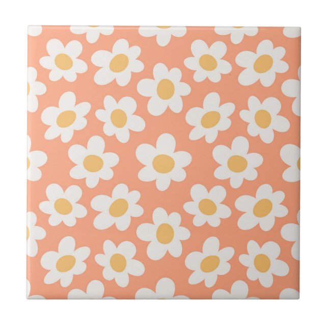 Retro style daisies in bloom on orange background ceramic tile (Front)