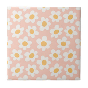 Retro style daisies in bloom on pink background ceramic tile