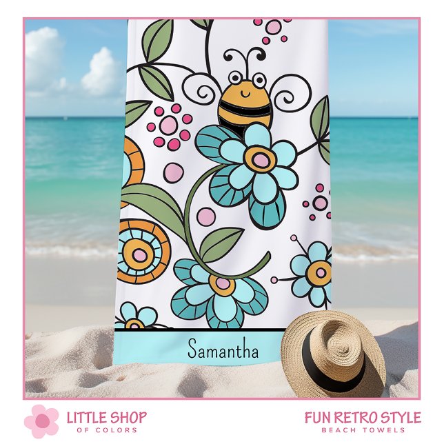 Retro Style Floral Bumble Bee Personalised Kids Beach Towel (Creator Uploaded)