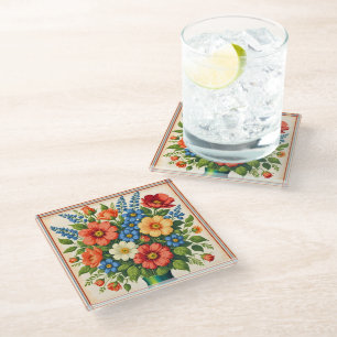Retro Style Flower Bouquet Glass Coaster