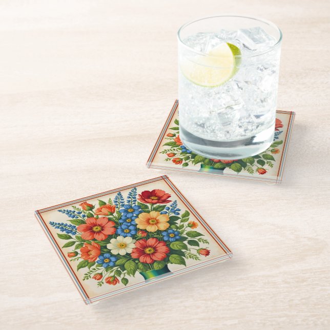 Retro Style Flower Bouquet | Glass Coaster (Angled)