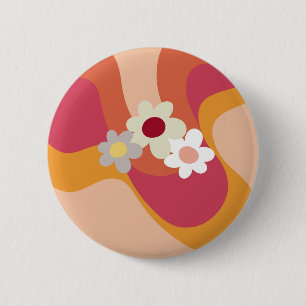 Retro style flowers and waves 6 cm round badge
