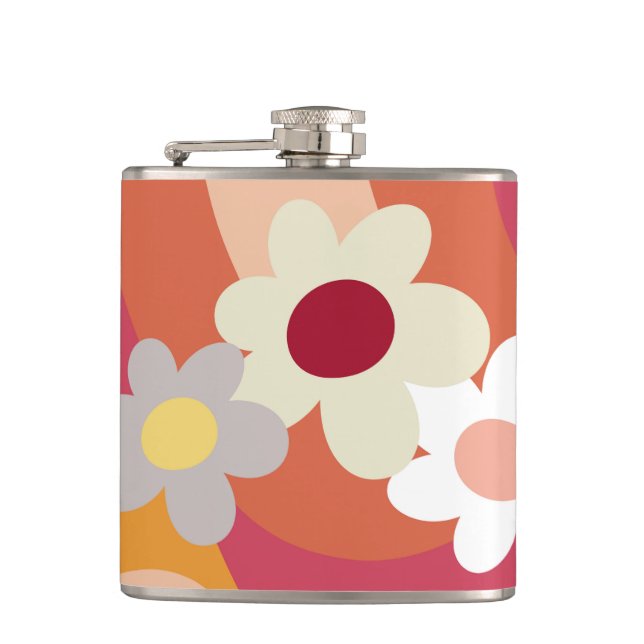 Retro style flowers and waves hip flask (Front)
