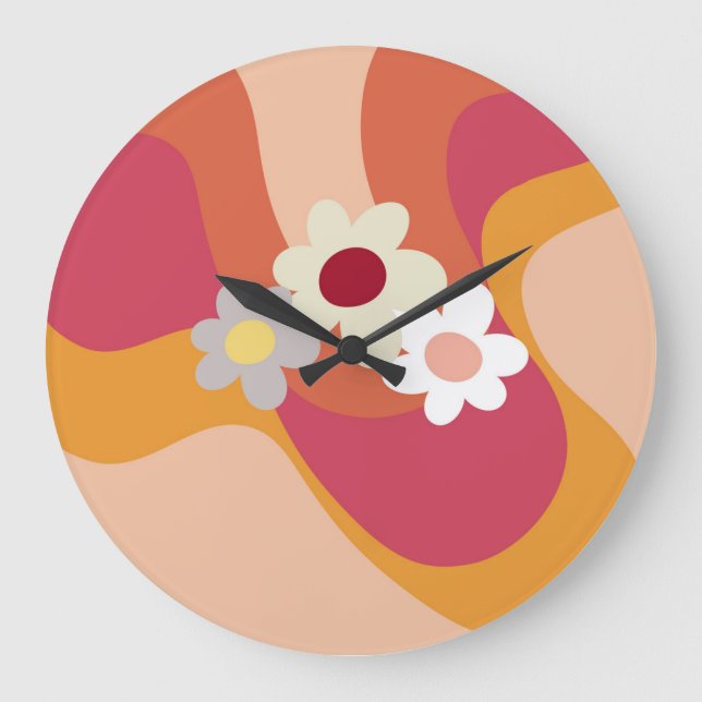 Retro style flowers and waves large clock (Front)