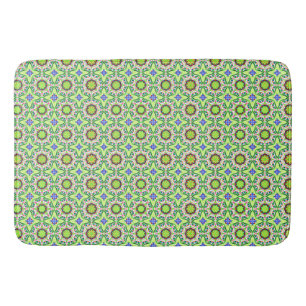 Retro style geometric pattern greens and blues bath mat