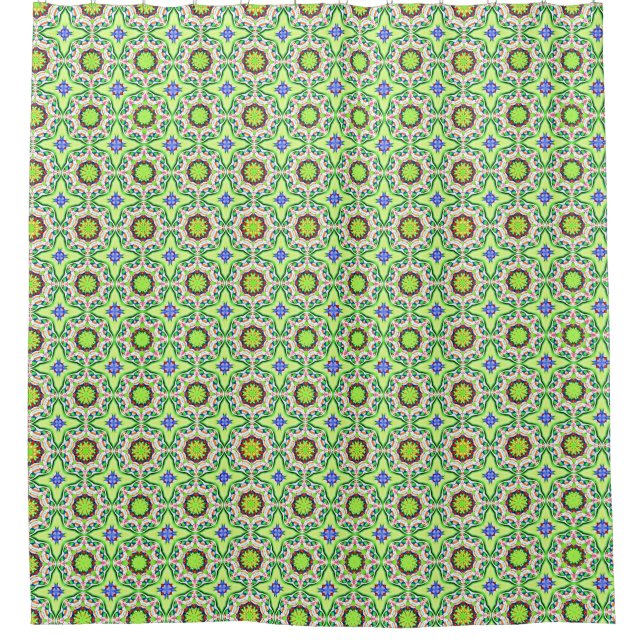 Retro style geometric pattern greens and blues shower curtain (Front)