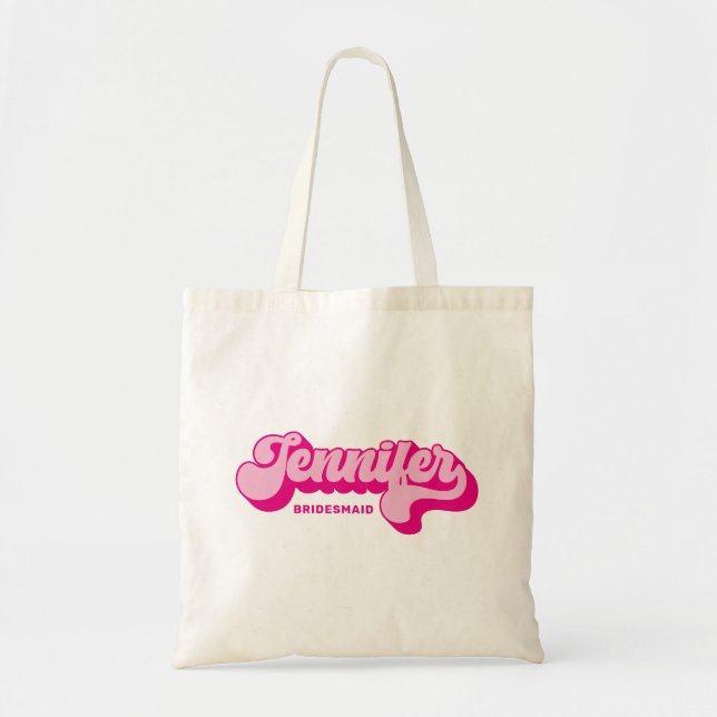 Retro Style Hot Pink Bride Custom Name Tote Bag (Front)