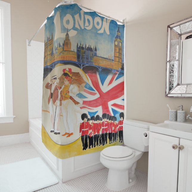 Retro Style London England Watercolor Art Shower Curtain (In Situ)