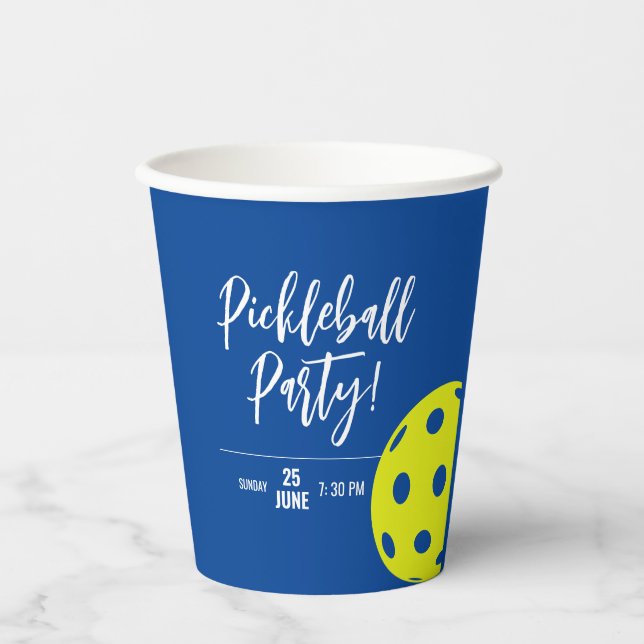 Retro Style Neon Blue Themed Pickleball Birthday Paper Cups (Front)