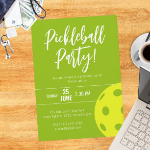 Retro Style Neon Lime Themed Pickleball Birthday Invitation
