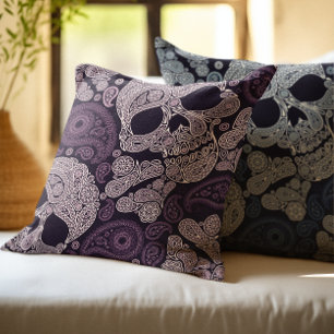 Retro Style Paisley Skull in Navy Blue Cushion
