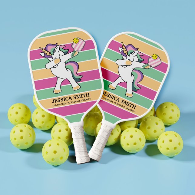 Retro Style Ping Pong Dabbing Unicorn Pickleball Paddle (Front and back view - Bring some unicorn luck to your next pickleball match.)