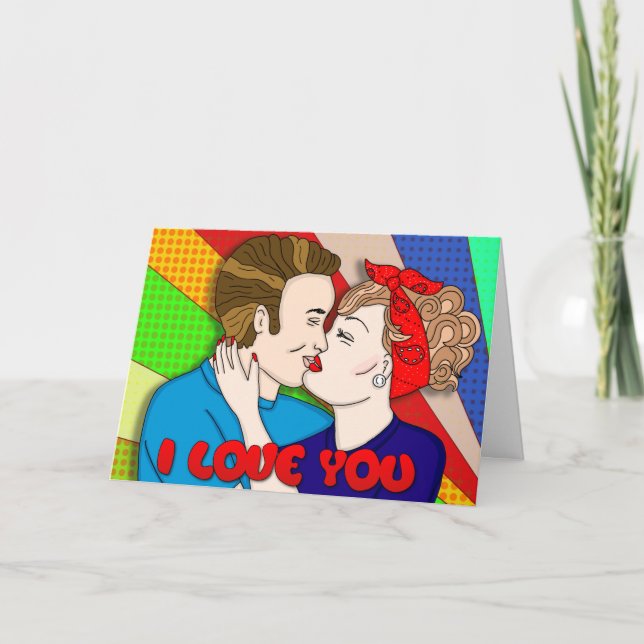 Retro Style Pop Art Romantic Anniversary Brunette Card (Front)