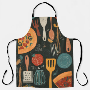 retro style printed pizza utensils apron