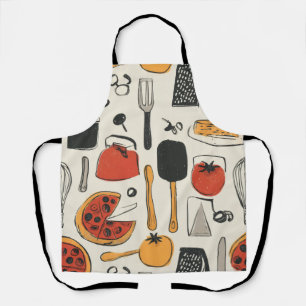 retro style printed pizza utensils apron