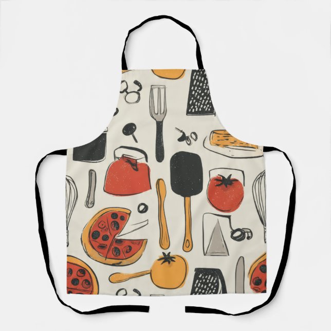 retro style printed pizza utensils apron (Front)