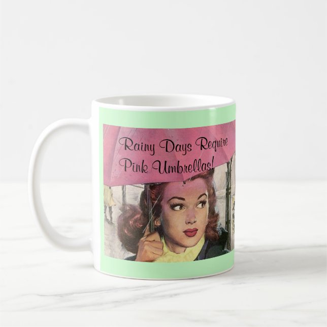 Retro Style Rainy Days & Pink Umbrellas Mug (Left)