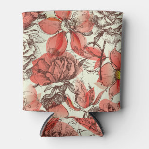 Retro Style Red Roses Pattern Can Cooler