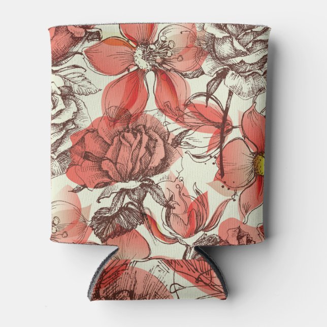 Retro Style Red Roses Pattern Can Cooler (Front)