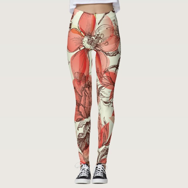 Retro Style Red Roses Pattern Leggings (Front)