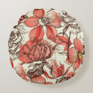 Retro Style Red Roses Pattern Round Cushion