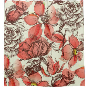 Retro Style Red Roses Pattern Shower Curtain