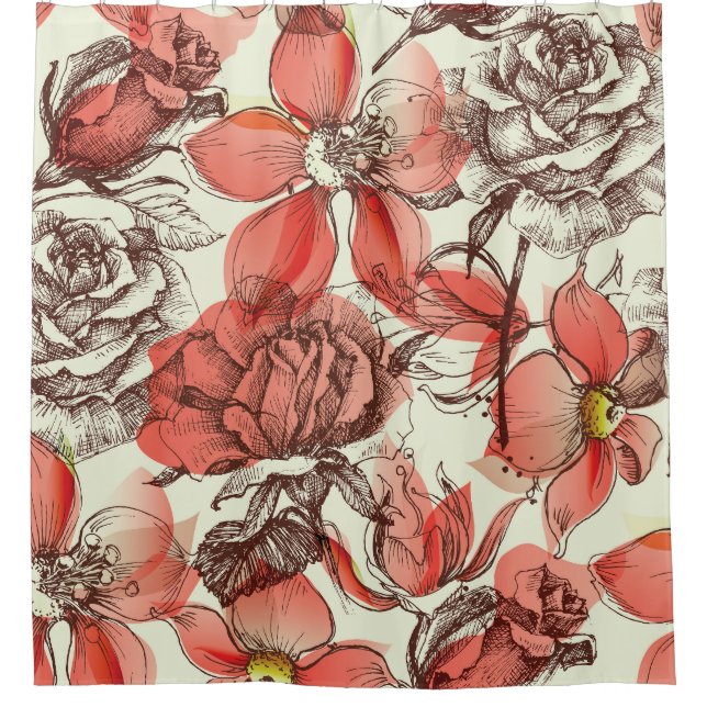 Retro Style Red Roses Pattern Shower Curtain (Front)