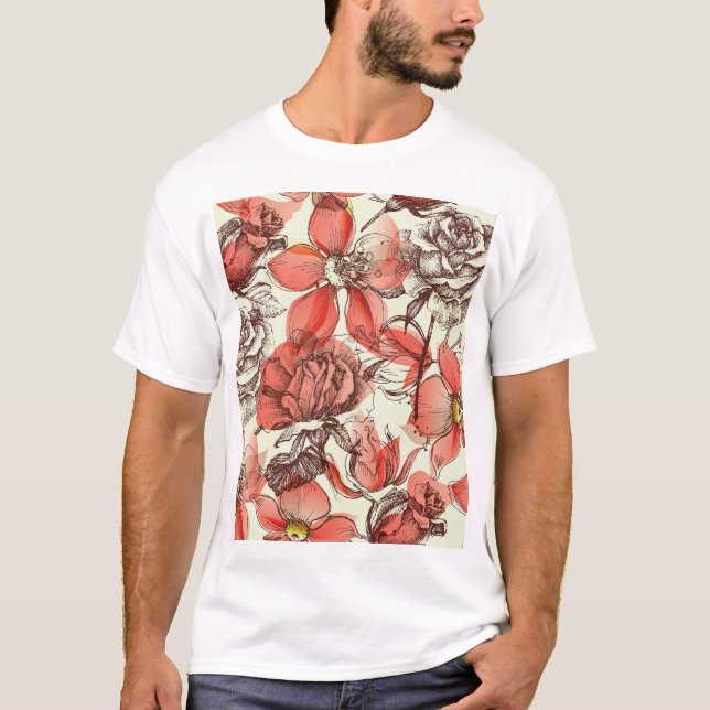Retro Style Red Roses Pattern T-Shirt (Front)