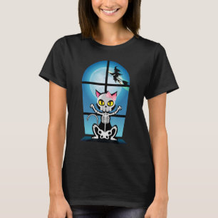 Retro Style Scary Witch Spooky Skeleton Cat Hall T-Shirt