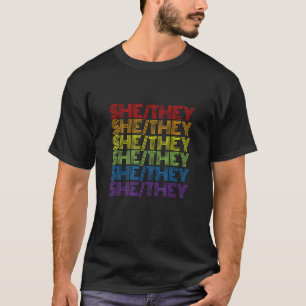 Retro Style She They Pronouns  Rainbow Pride Flag T-Shirt