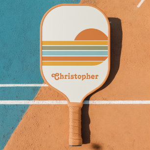 Retro Style Sunrise Pastel Rainbow script name Pickleball Paddle