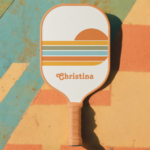 Retro Style Sunrise Pastel Rainbow script name Pickleball Paddle