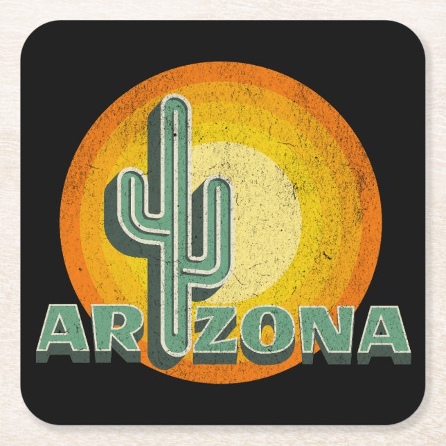Retro style sunset with Arizona text design Square Paper Coaster (Front)