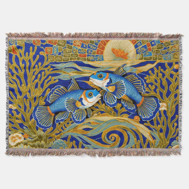 Retro Style Tapestry Blue Mandarin Fish Throw Blanket (Front)