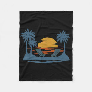 Retro Style Tropical Vintage Sunset Beach Palm Tre Fleece Blanket