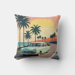 Retro-style vintage car on a coastal road cushion