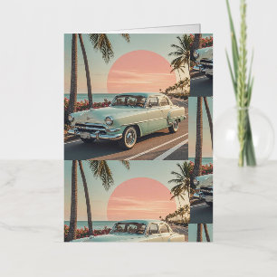 Retro-style vintage car on a coastal road foil greeting card