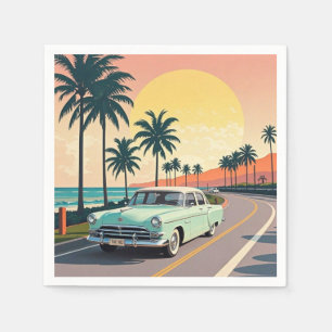 Retro-style vintage car on a coastal road napkin